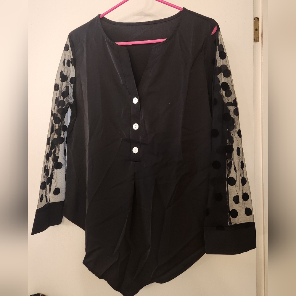 Chic Black Blouse with Sheer Polka Dot Sleeves